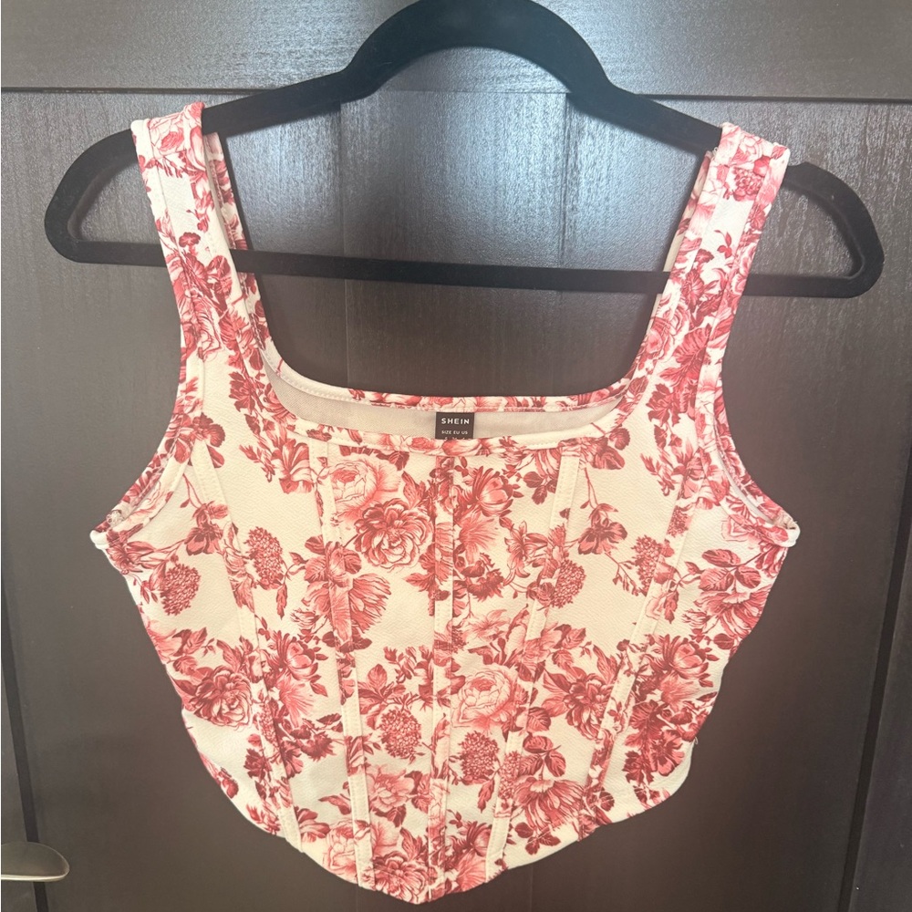 SHEIN Cream Tank Top with Pink Floral Print